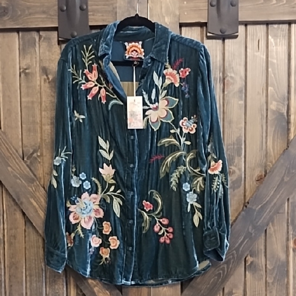 Johnny Was Silk Blend Velvet Oversized Shirt